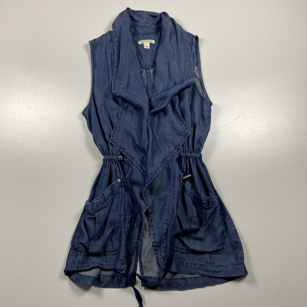 Mi ami Sleeveless Open Front Vest Size S Blue Lightweight Denim Cinched Cardigan